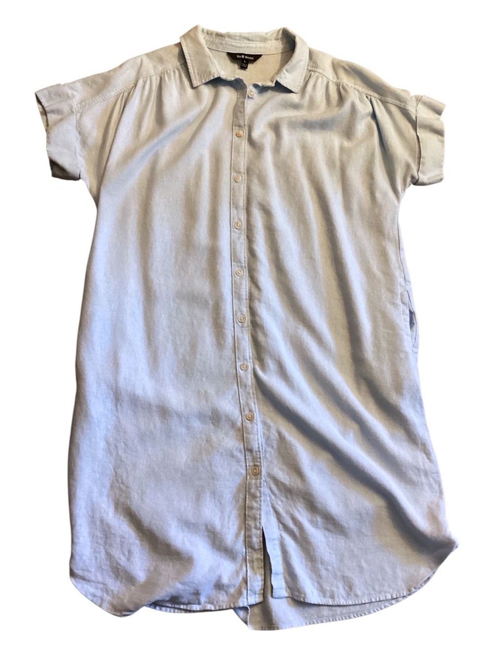 Well Worn Maggie Linen Blend Shirt Dress Pale Blue Button Front Coastal Large - Picture 12 of 12